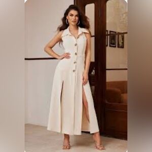 CHICWAYS Elegant Cream Sleeveless Dress